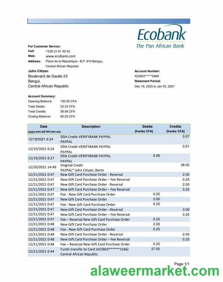 Central African Republic Ecobank bank statement easy to fill template in .xls and .pdf file format (AutoSum)